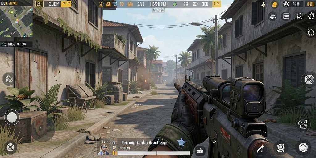 Tampilan gameplay D200M yang mendebarkan dalam pertempuran FPS.