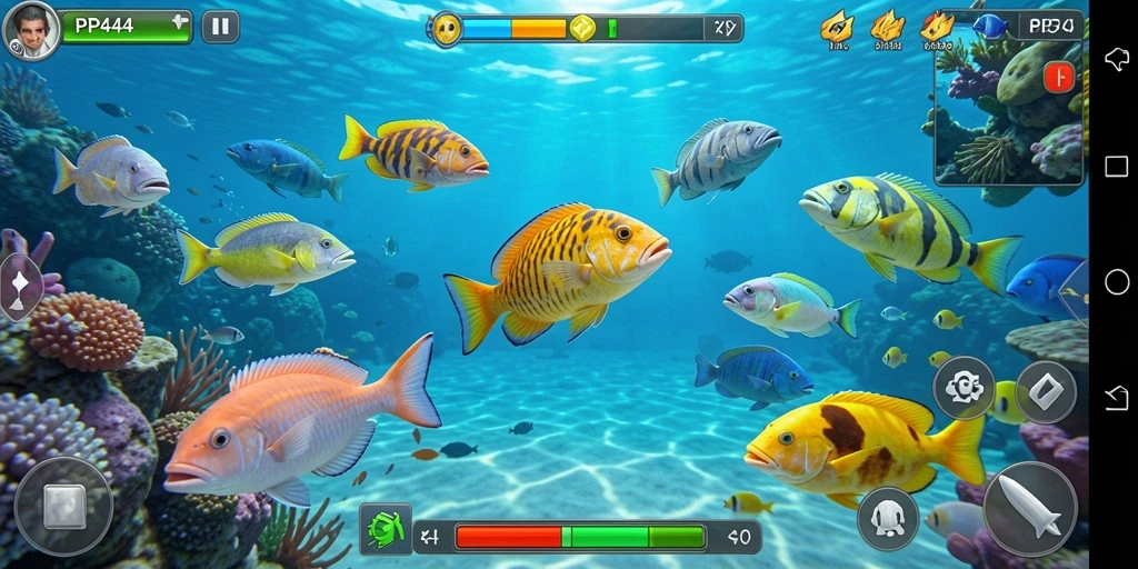 Screenshot gameplay PP444 dengan aksi menembak ikan yang seru.