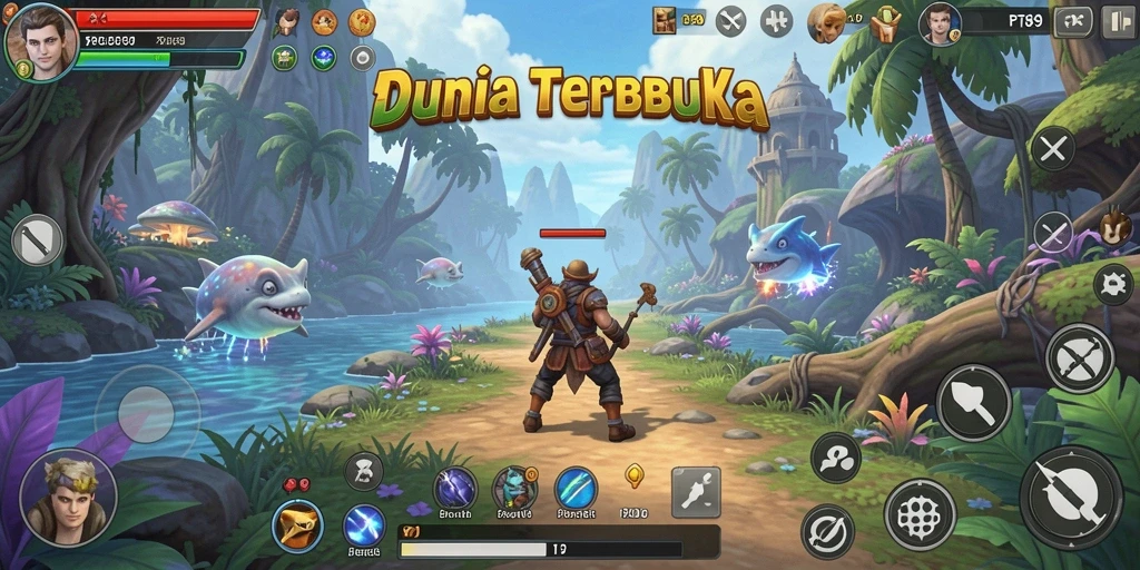 Screenshot gameplay PT89 menampilkan petualangan di dunia terbuka yang luas.